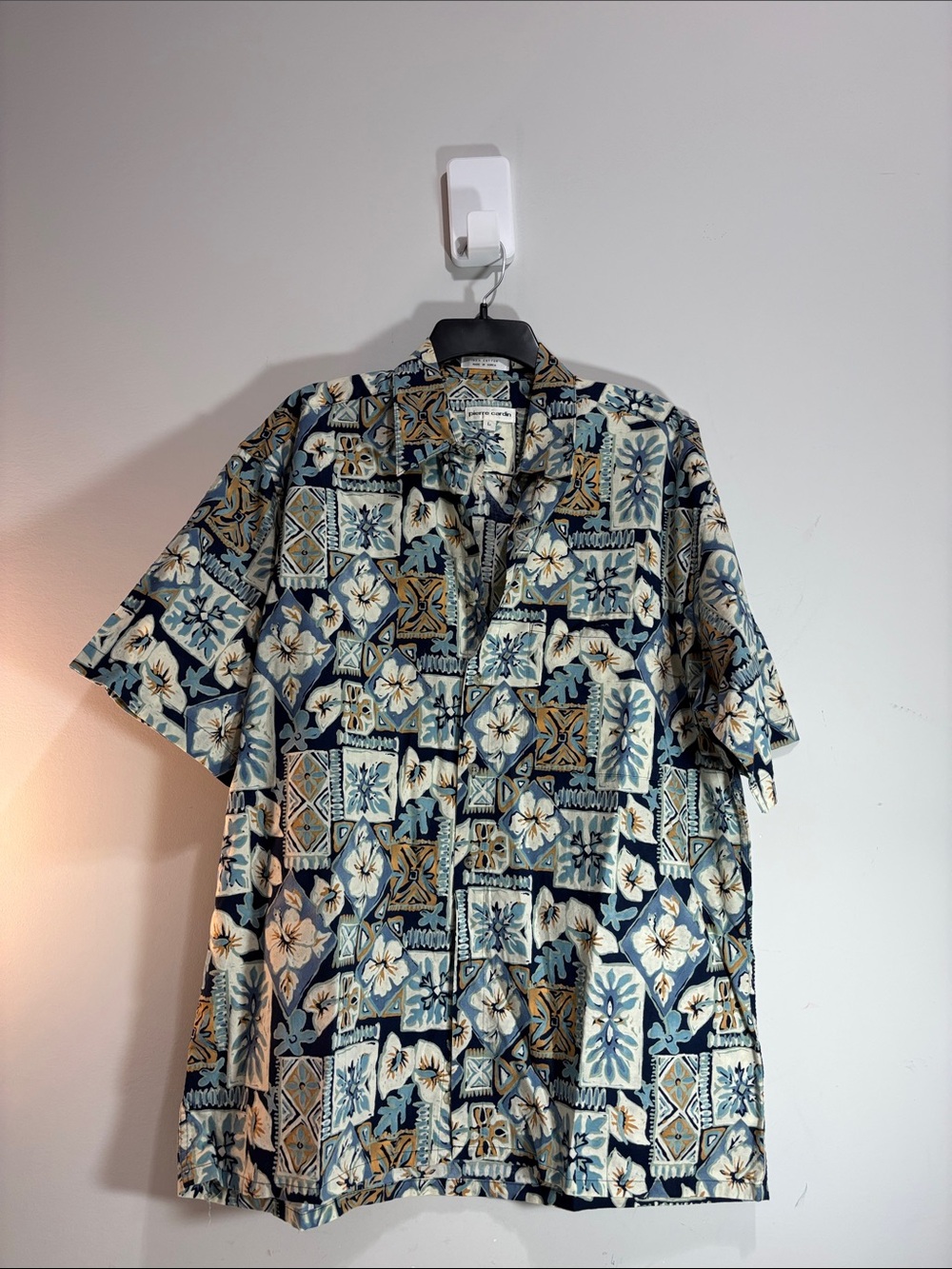 Pierre Cardin Navy and Cream Floral Patchwork Hawaiian Polo. 0261